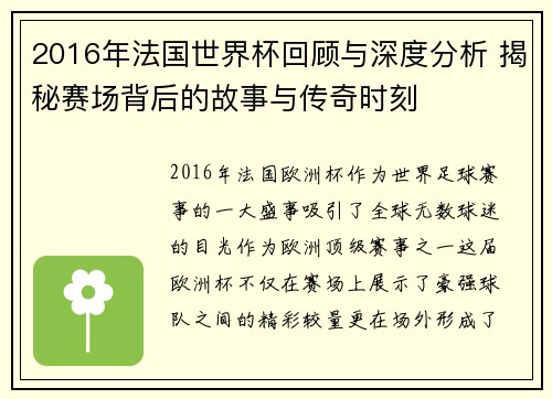 2016年法国世界杯回顾与深度分析 揭秘赛场背后的故事与传奇时刻